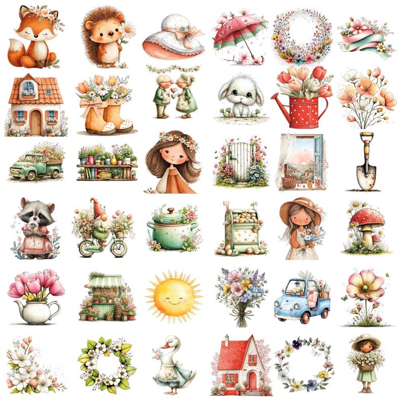 May include: A selection of watercolour illustrations with spring and garden themes. Depicted are a fox, hedgehog, bunny, floral arrangements, a house, a truck, a gnome, a sun, and a duck, all in a soft colour palette.