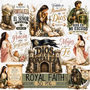 Puede incluir: Una colección digital de ilustraciones de temática religiosa que incluye caballeros con armadura, mujeres con túnicas fluidas, castillos de piedra, escudos, espadas y pergaminos con texto en español como 'Mi Refugio y Fortaleza'.