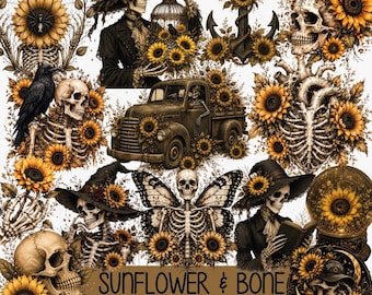 Gothic Sunflower Skull Clipart Bundle, Skeleton Raven Dragon PNG Collection (Digital Download)
