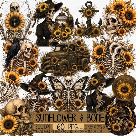 Gothic Sunflower Skull Clipart Bundle, Skeleton Raven Dragon PNG Collection (Digital Download)