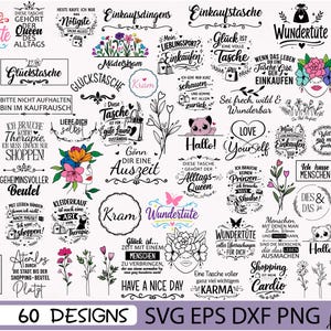 Könnte beinhalten: Eine Sammlung von 60 Designs in den Formaten SVG, EPS, DXF und PNG. Die Designs zeigen verschiedene Phrasen und Illustrationen, darunter Einkaufstaschen, Blumen und skurrile Texte.