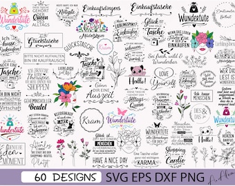 May include: A collection of 60 designs in SVG, EPS, DXF, and PNG formats. The designs feature various phrases and illustrations, including shopping bags, flowers, and whimsical text, perfect for crafting projects.