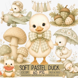 May include: A collection of soft pastel illustrations featuring adorable ducklings. One duckling wears a pilot's hat and flies a plane, while another holds a watermelon slice. Other illustrations include mushrooms, acorns, and a duckling with an umbrella. The text reads "SOFT PASTEL DUCK".