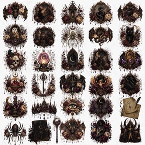 May include: A collection of gothic-themed illustrations featuring dark imagery. Each design showcases elements like bats, skulls, moons, and roses, with a color palette of deep reds, blacks, and creams. The illustrations are framed with ornate borders.