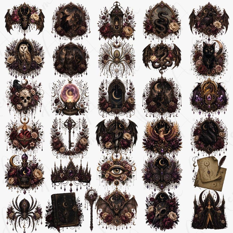 May include: A collection of gothic-themed illustrations featuring dark imagery. Each design showcases elements like bats, skulls, moons, and roses, with a color palette of deep reds, blacks, and creams. The illustrations are framed with ornate borders.