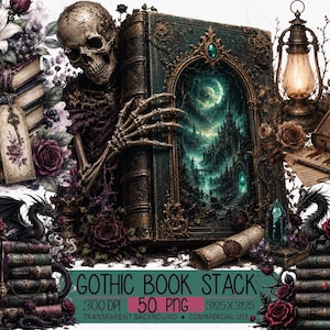 Peut inclure: Illustration numérique d'une pile de livres gothiques. L'image présente un grand livre orné avec une scène de paysage détaillée, un squelette, des roses et une lanterne. Le texte "Gothic Book Stack" est en bas.