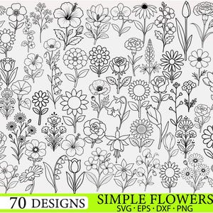 May include: A collection of 70 black and white line art flower illustrations featuring various botanical shapes and petals. The bottom section includes a bright green banner with the text 70 DESIGNS SIMPLE FLOWERS SVG EPS DXF PNG.