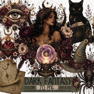 May include: A digital illustration with a dark fantasy theme. It features a woman with a crescent moon headdress, a black cat, a crystal ball, and various floral and celestial elements. The text "DARK FANTASY" is displayed at the bottom.