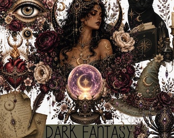 Dark Fantasy PNG Bundle, Gothic Witch Clipart, Celestial Magic Graphics (Digital Download)
