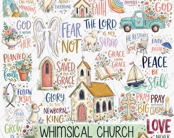 Könnte beinhalten: Eine digitale Sammlung religiöser Illustrationen mit Kirchen, einem Lamm, einem Segelboot, einem Blumen-LKW, Engelsflügeln und Kreuzen. Die Textelemente enthalten Phrasen wie Faith Can Move Mountains, Fear Not und Peace Be Still.