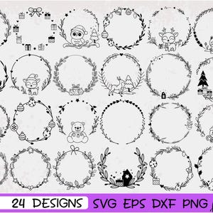 May include: A selection of 24 black and white Christmas wreath designs. Each wreath has a circular frame with festive elements, such as animals, gifts, and decorations. The bottom of the image displays the text "24 DESIGNS SVG EPS DXF PNG".