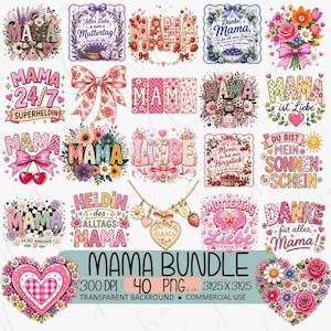 May include: A selection of digital designs featuring the word "MAMA" in diverse styles, floral arrangements, and heart motifs. The designs incorporate text in English and German, ideal for Mother's Day celebrations.
