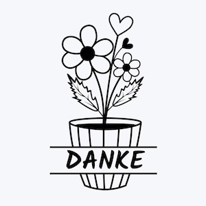 Puede incluir: Un gr&aacute;fico de arte lineal en blanco y negro que muestra una planta en maceta con dos flores y dos formas de coraz&oacute;n. La maceta est&aacute; decorada con rayas verticales y presenta una banda horizontal dividida en el centro con la palabra DANKE.