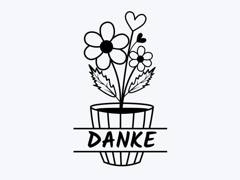 Puede incluir: Un gr&aacute;fico de arte lineal en blanco y negro que muestra una planta en maceta con dos flores y dos formas de coraz&oacute;n. La maceta est&aacute; decorada con rayas verticales y presenta una banda horizontal dividida en el centro con la palabra DANKE.
