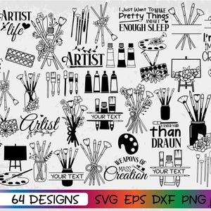 Op de afbeelding: Zwart-wit digitale ontwerpen met een kunstenaarsthema. De afbeelding bevat penselen, verftubes, paletten, ezels en tekst zoals "Artist Life" en "64 Designs".