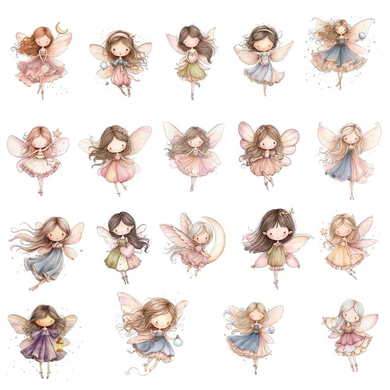 May include: A collection of watercolor illustrations of fairies with delicate wings and flowing dresses. Each fairy is depicted in a unique pose, with varying hairstyles and accessories like moons, stars, and lanterns. The color palette includes soft pastels.