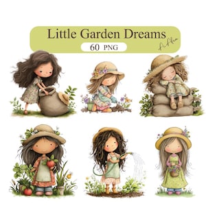 Spring Garden Girl Clipart – Kids Gardening Illustrations (Digital Download)