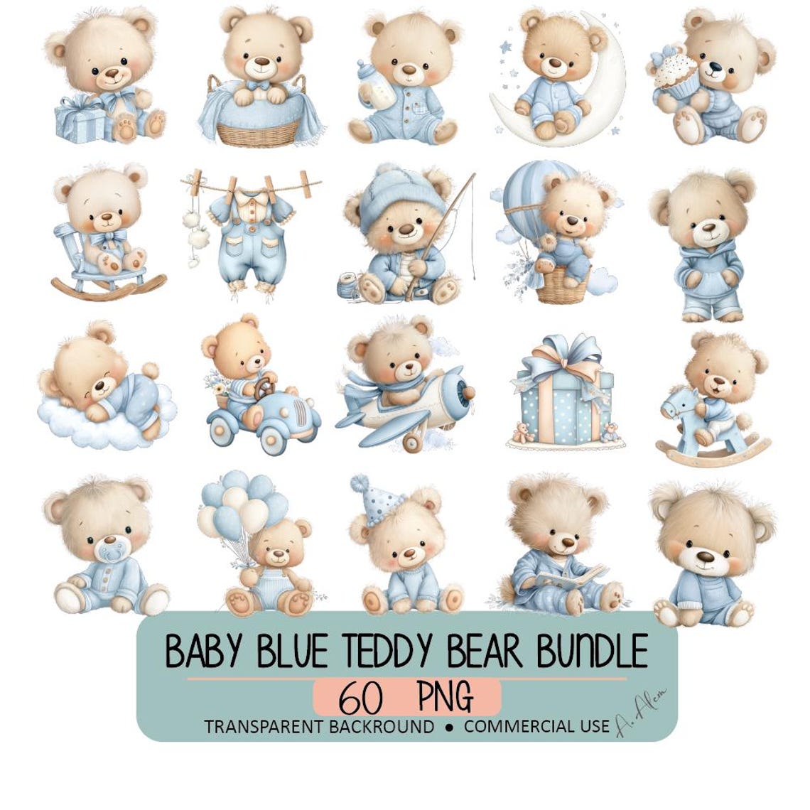 Baby Blue Teddy Bear Clipart Bundle, Kids Bear Illustration Set - Etsy