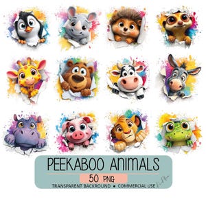 Peut inclure: Ensemble d'illustrations d'animaux de dessins animés, dont un pingouin, un rhinocéros, un hérisson, un suricate, une girafe, un ours, une vache, un âne, un hippopotame, un cochon, un lion et une grenouille. Chaque animal perce un effet de papier déchiré avec des éclaboussures d'aquarelle colorées.