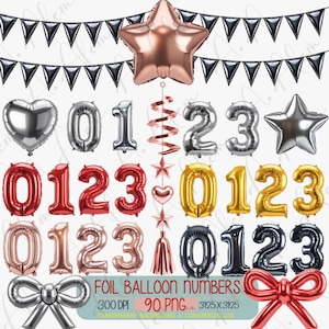 May include: A collection of foil balloon numbers in various colors, including silver, gold, and red. The image also features star and heart-shaped balloons, along with a banner of black pennants and a bow. The text "FOIL BALLOON NUMBERS" is visible.