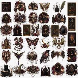 May include: A collection of gothic-themed stickers featuring dark imagery. The stickers include a skull, raven, dragon, butterfly, tarot cards, and a witch's hat, all adorned with flowers and celestial elements in shades of burgundy, black, and cream.