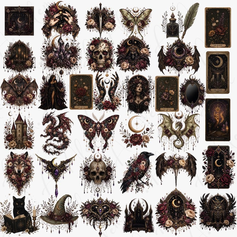 May include: A collection of gothic-themed stickers featuring dark imagery. The stickers include a skull, raven, dragon, butterfly, tarot cards, and a witch's hat, all adorned with flowers and celestial elements in shades of burgundy, black, and cream.