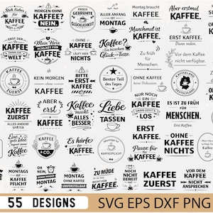 Könnte beinhalten: Eine Sammlung von 55 Kaffee-Designs in Schwarz und Weiß mit verschiedenen Sprüchen und Zitaten. Enthält SVG-, EPS-, DXF- und PNG-Dateiformate. Die Designs sind ideal für Kaffeeliebhaber.