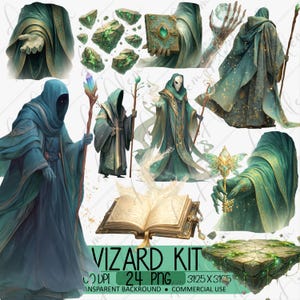 Pode incluir: Uma coleção digital de ilustrações de magos com figuras encapuzadas em mantos verde-azulados, livros de feitiços brilhantes, cristais verdes flutuantes, um cajado mágico, uma chave dourada e uma plataforma de pedra com texto.