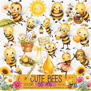 以下が含まれることがあります： 花、蜂蜜、太陽、ランタン、You Are Bee-utifulと書かれた看板を持つ漫画のハチのイラスト集。メガネ、パイロット帽、チュチュを身につけたハチや、蜂蜜のしずく、ヒマワリなどが含まれています。