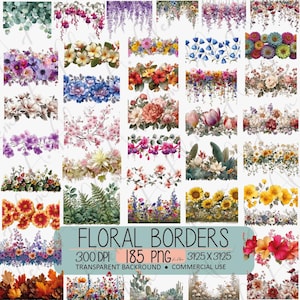 Op de afbeelding: Een verzameling aquarel bloemenranden in verschillende stijlen. De randen tonen een reeks bloemen, waaronder zonnebloemen, rozen en tulpen, in levendige kleuren. De afbeelding bevat de tekst "Floral Borders" en details over de resolutie en het bestandstype.
