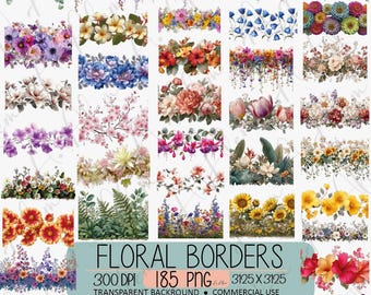 Paquete de imágenes prediseñadas de bordes florales en acuarela, marcos de flores de jardín (descarga digital)