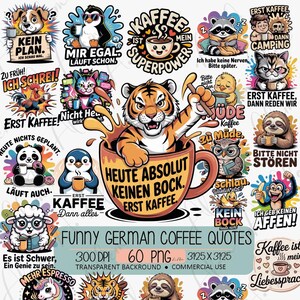 Puede incluir: Una colección de ilustraciones de dibujos animados con citas alemanas relacionadas con el café. Los diseños incluyen un perro, un pingüino, un tigre, un gato, un panda y un perezoso, cada uno con una expresión única y una taza de café. El texto "Funny German Coffee Quotes" es visible.