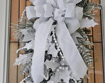 Elegant White Christmas Door Swag | Snow Flocked Winter Front Door Décor | Oversized White Glitter Bow | Silver Holiday Decoration
