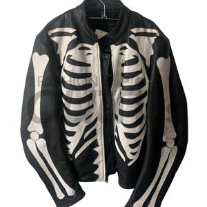 Blouson motard squelette pour hommes | Cuir souple de mouton véritable | Style moto punk gothique | Conception de crâne | Tenue d'Halloween