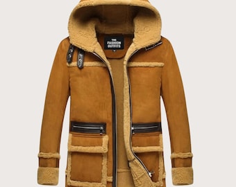 Men&#39;s Suede Leather Shearling Bomber Jacket: Hooded Winter Coat
