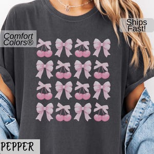 Coquette Bow and Cherry Shirt, Feminine Soft Grunge Tee, Comfort Colors Pastel Pink T-Shirt, Y2K Revival T Shirt, Vintage Kawaii Fruit Tee