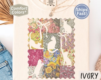 Cat Lover Quilt Shirt, Coquette Patchwork Kitty Mom Tee, Cottagecore Floral T-Shirt, Vintage Comfort Colors Top, Retro Boho Cat Mama Gift