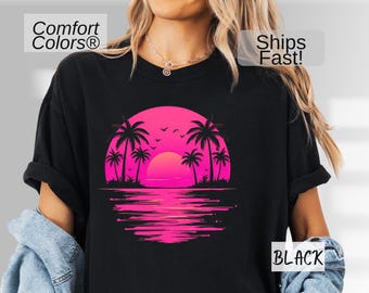 Vintage Sunset Summer Comfort Colors Shirt,  Womens Trendy Beach Shirt, Retro Summer Vacation Tee, Oversized Beach Shirt, Pink Palm Tree Tee