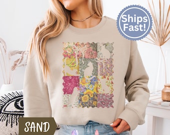 Cat Lover Scalloped Quilt Sweatshirt, Coquette Patchwork Kitty Mom Crewneck, Cottagecore Floral Pullover, Retro Boho Cat Mama Gift