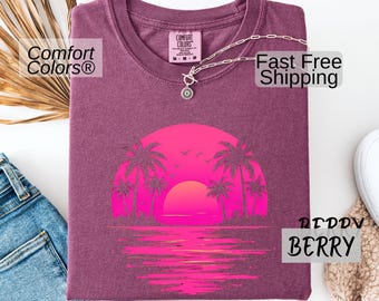 Vintage Sunset Summer Comfort Colors Shirt,  Womens Trendy Beach Shirt, Retro Summer Vacation Tee, Oversized Beach Shirt, Pink Palm Tree Tee