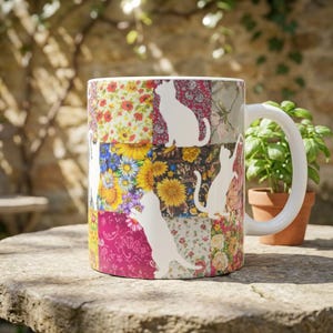 Patchwork Quilt Cat Mug, Boho Floral Cat Mug, 11 oz Ceramic Faux Stitch Mug, Cat Lover Gift, Vintage Paisley Coffee Cup, Cat Mom Gift Mug