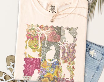 Cat Lover Quilt Shirt, Coquette Patchwork Kitty Mom Tee, Cottagecore Floral T-Shirt, Vintage Comfort Colors Top, Retro Boho Cat Mama Gift