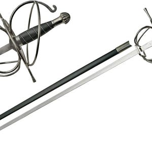 May include: Two rapiers with ornate, silver-coloured metalwork hilts and black handles. One is fully assembled, while the other is partially disassembled, showing the blade and scabbard. The blades are silver, and the scabbards are black.