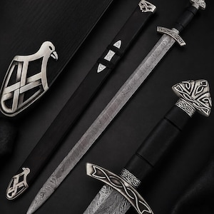 Handforged Real Damascus Viking Northman Sword Black Replica with Shield Nothmen Sword with Scabbard, Medieval Longsword Gift for Groomsmen