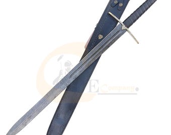 May include: A long, ornate sword with a patterned blade and a leather-wrapped handle. The sword features a gold-colored crossguard and pommel, and is displayed with a dark blue leather sheath. The overall design suggests a historical or fantasy theme.