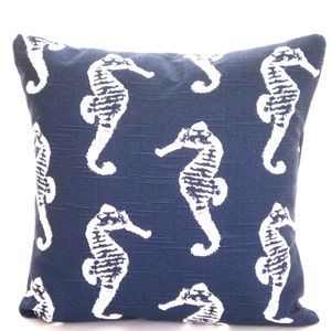 Blue Nautical Throw Pillow Covers Cushion Covers Light Navy Blue White Seahorse Beach INDOOR Patio Cottage Sunroom Toss Pillow Various Sizes