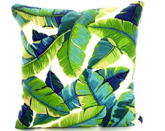 OUTDOOR Tropical Pillow Covers, Palms Green Aqua Throw Pillows, Cushions Navy Blue Aqua Ivory Patio Beach, Palm Leaves One or More All Sizes