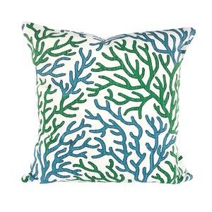 Blue Green Nautical Throw Pillow Covers Cushion Coral Blue White Coral Costal Beach Decor INDOOR Patio Decorative Toss Pillow Various Sizes