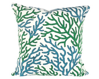 Blue Green Nautical Throw Pillow Covers Cushion Coral Blue White Coral Costal Beach Decor INDOOR Patio Decorative Toss Pillow Various Sizes