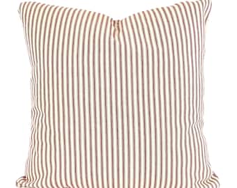 Christmas Ticking Stripe Red CREAM/Tan Pillow Cover Decorative Throw Pillows Cushion Covers Tan/Cream Ticking Holiday Stripe Various Sizes